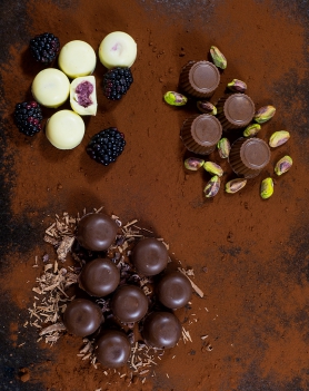 Blackberry fools, pistachio pralines and chocolate mousse
