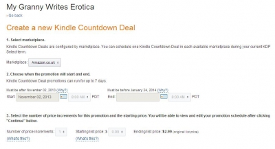 An example of the screen for creating a Kindle Coundown Deal.